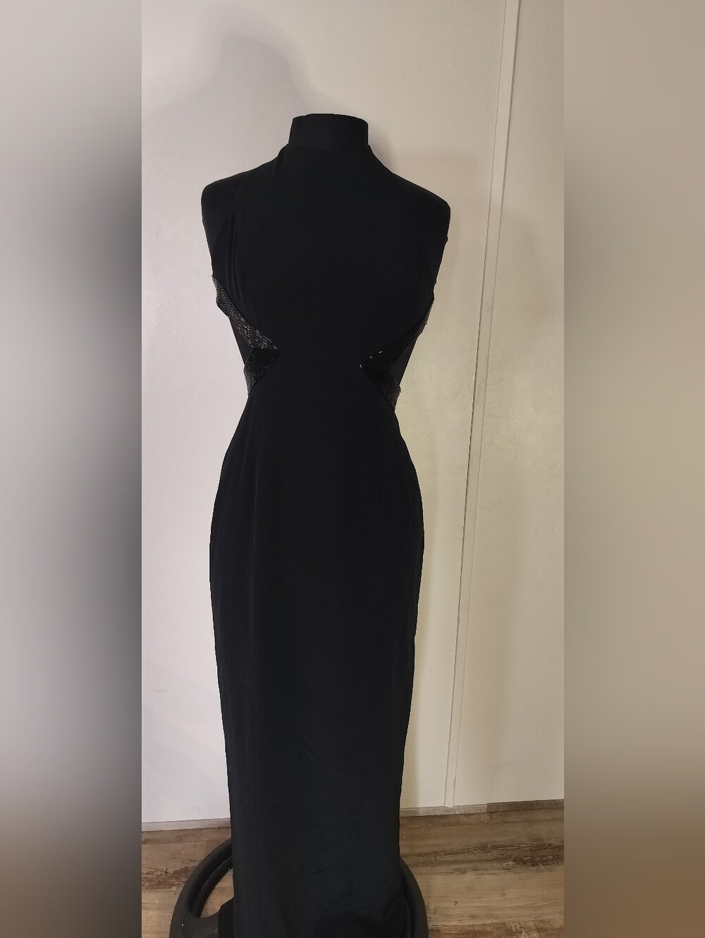 Cache Black High-Neck Sleeveless Maxi Dress with Side Cutouts